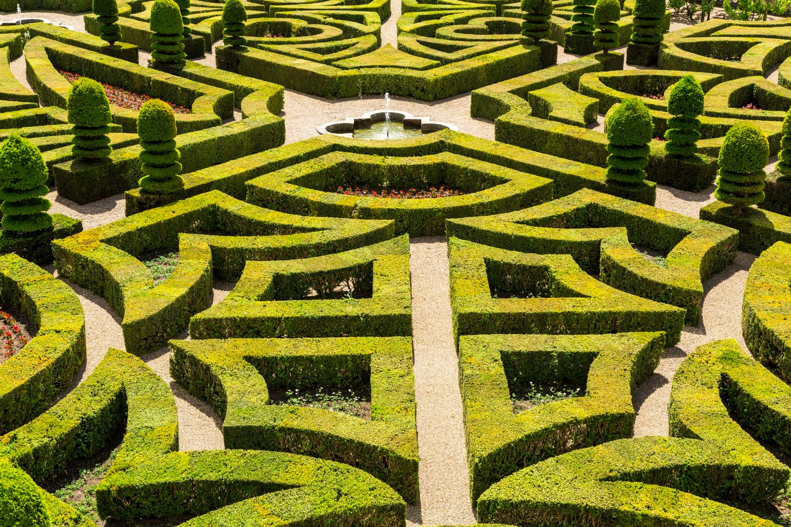 Chateau de Villandry,France,High angle view of parterre in the formal gardens of a baroque chateau.
